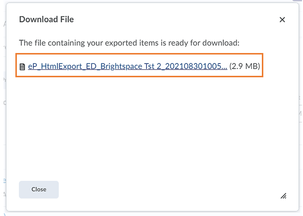 ePortfolio download/export pop-up window